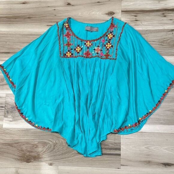 Double D Ranch Tops - Double D Ranch Blue Beaded Flowy Poncho Top Western Women’s Large